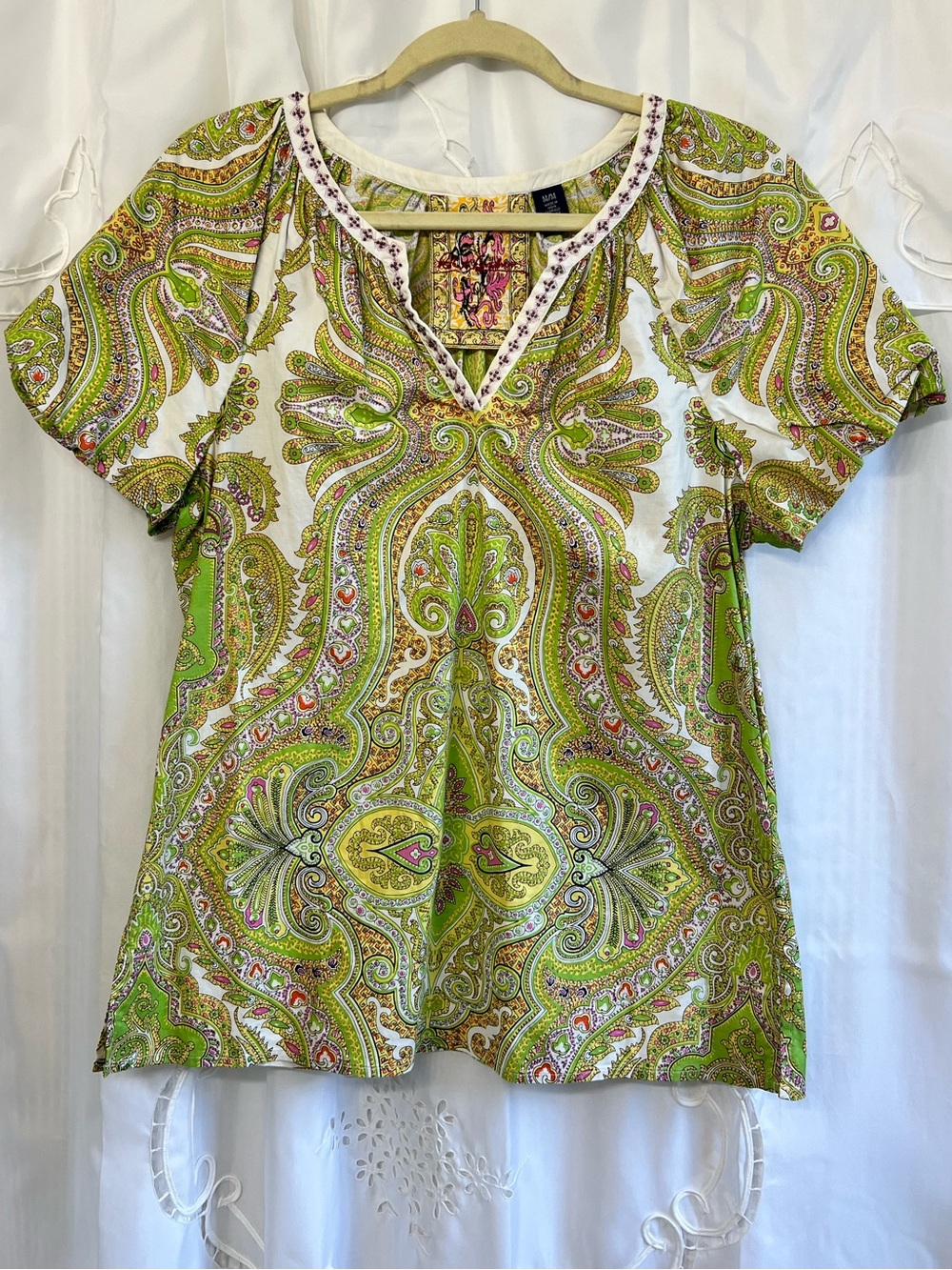 Robert Graham Paisley Beaded Tunic Blouse Green Boho Size Medium